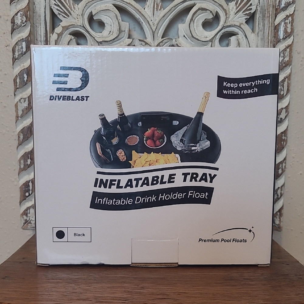 DIVEBLAST NIB Black Inflatable Drink Holder Float- Snacks, Phone Etc.